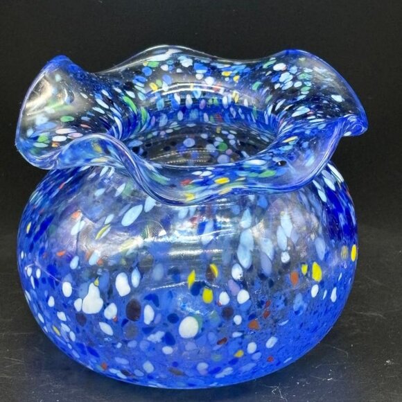 Vintage Signed Blue/Multi Art Glass Rippled Confetti Vase Signed by the Artist - Picture 2 of 6